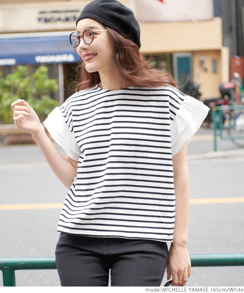 coca(coca)(コカ)の「フリルドッキングボーダートップス(Tシャツ/カットソー・レディース・ホワイト/ブルー・ONE SIZE)」の5枚目の写真