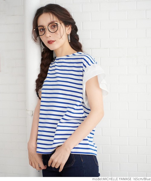 coca(coca)(コカ)の「フリルドッキングボーダートップス(Tシャツ/カットソー・レディース・ホワイト/ブルー・ONE SIZE)」の9枚目の写真