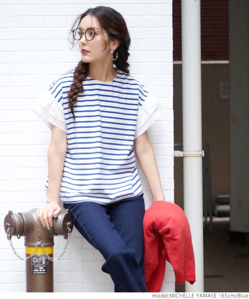 coca(coca)(コカ)の「フリルドッキングボーダートップス(Tシャツ/カットソー・レディース・ホワイト/ブルー・ONE SIZE)」の16枚目の写真
