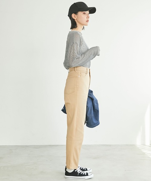 セール】ハイウエストセンタープレステーパードデニムパンツ（デニム