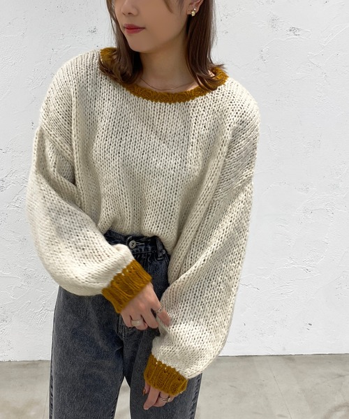 apres jour mignon(アプレジュールミニョン)の「ショート配色ニット【ZOZOTOWN限定アイテム】【11PO】(ニット/セーター・レディース・イエロー系その他/オレンジ/グリーン・X-LARGE/フリー)」の2枚目の写真