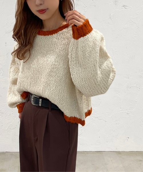 apres jour mignon(アプレジュールミニョン)の「ショート配色ニット【ZOZOTOWN限定アイテム】【11PO】(ニット/セーター・レディース・イエロー系その他/オレンジ/グリーン・X-LARGE/フリー)」の3枚目の写真