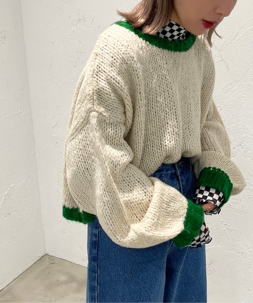 apres jour mignon(アプレジュールミニョン)の「ショート配色ニット【ZOZOTOWN限定アイテム】【11PO】(ニット/セーター・レディース・イエロー系その他/オレンジ/グリーン・X-LARGE/フリー)」の5枚目の写真