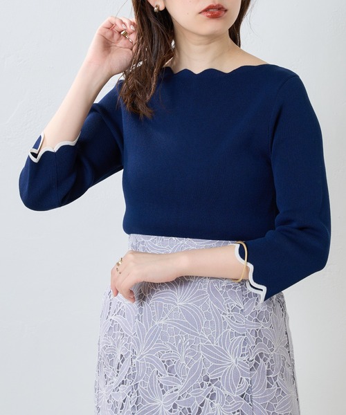 natural couture（ナチュラルクチュール）の「WEB限定カラー有り/リバイバルアイテム/袖口配色スカラップ7分袖強撚ニット（ニット/セーター・レディース・オフホワイト/ライトベージュ/ブルー/ネイビー/ピンク/その他1/その他2・FREE）」の4枚目の写真