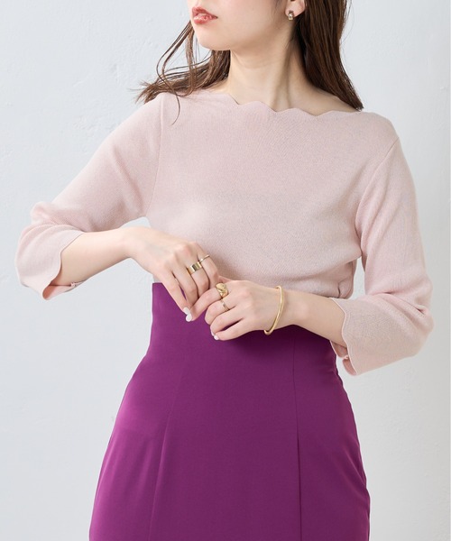 natural couture（ナチュラルクチュール）の「WEB限定カラー有り/リバイバルアイテム/袖口配色スカラップ7分袖強撚ニット（ニット/セーター・レディース・オフホワイト/ライトベージュ/ブルー/ネイビー/ピンク/その他1/その他2・FREE）」の6枚目の写真