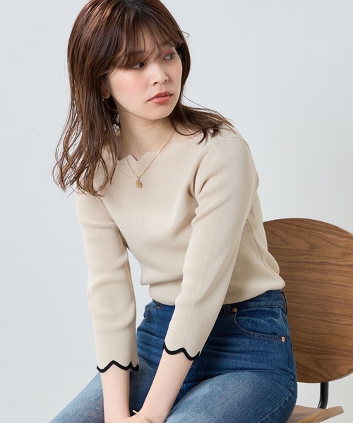 natural couture（ナチュラルクチュール）の「WEB限定カラー有り/リバイバルアイテム/袖口配色スカラップ7分袖強撚ニット（ニット/セーター・レディース・オフホワイト/ライトベージュ/ブルー/ネイビー/ピンク/その他1/その他2・FREE）」の3枚目の写真