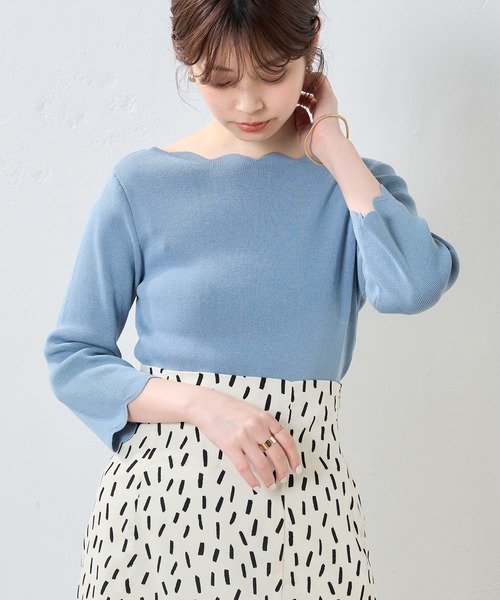 natural couture（ナチュラルクチュール）の「WEB限定カラー有り/リバイバルアイテム/袖口配色スカラップ7分袖強撚ニット（ニット/セーター・レディース・オフホワイト/ライトベージュ/ブルー/ネイビー/ピンク/その他1/その他2・FREE）」の5枚目の写真