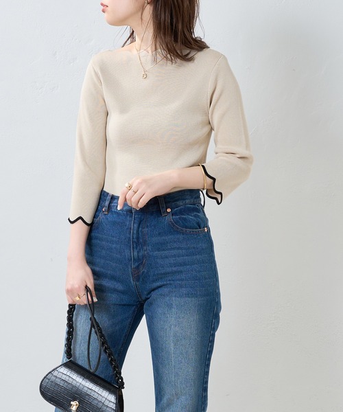 natural couture（ナチュラルクチュール）の「WEB限定カラー有り/リバイバルアイテム/袖口配色スカラップ7分袖強撚ニット（ニット/セーター・レディース・オフホワイト/ライトベージュ/ブルー/ネイビー/ピンク/その他1/その他2・FREE）」の22枚目の写真