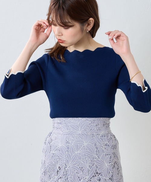 natural couture（ナチュラルクチュール）の「WEB限定カラー有り/リバイバルアイテム/袖口配色スカラップ7分袖強撚ニット（ニット/セーター・レディース・オフホワイト/ライトベージュ/ブルー/ネイビー/ピンク/その他1/その他2・FREE）」の8枚目の写真