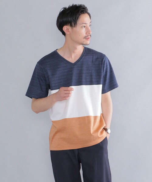 SHIPS(シップス)の「SHIPS: スペック ワイドボーダー/パネル Vネック Tシャツ(Tシャツ/カットソー・メンズ・カーキ/ブラック/ライトブルー/ネイビー/ライトオリーブ・SMALL/MEDIUM/LARGE/X-LARGE)」の1枚目の写真