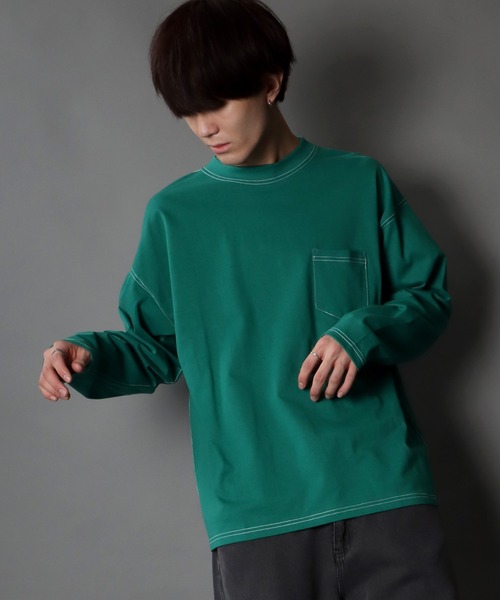 SITRY(シトリー)の「wide silhouette color stitch Heavy weight T-shirt/ワイドシルエット カラーステッチ ヘビーウェイト ロングスリーブTシャツ(Tシャツ/カットソー・メンズ・グリーン/ベージュ/ブラック/ホワイト・M/LL/L)」の22枚目の写真