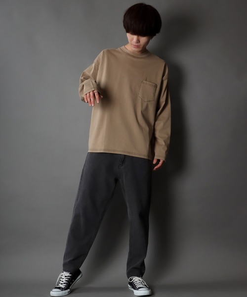 SITRY(シトリー)の「wide silhouette color stitch Heavy weight T-shirt/ワイドシルエット カラーステッチ ヘビーウェイト ロングスリーブTシャツ(Tシャツ/カットソー・メンズ・グリーン/ベージュ/ブラック/ホワイト・M/LL/L)」の15枚目の写真