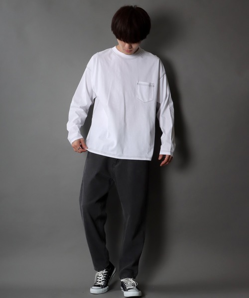SITRY(シトリー)の「wide silhouette color stitch Heavy weight T-shirt/ワイドシルエット カラーステッチ ヘビーウェイト ロングスリーブTシャツ(Tシャツ/カットソー・メンズ・グリーン/ベージュ/ブラック/ホワイト・M/LL/L)」の21枚目の写真