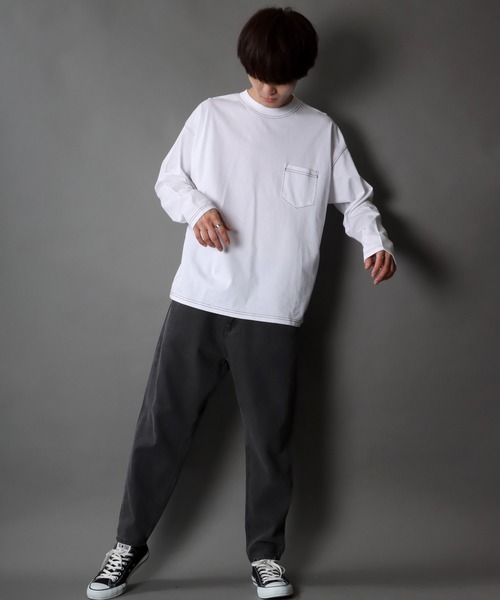 SITRY(シトリー)の「wide silhouette color stitch Heavy weight T-shirt/ワイドシルエット カラーステッチ ヘビーウェイト ロングスリーブTシャツ(Tシャツ/カットソー・メンズ・グリーン/ベージュ/ブラック/ホワイト・M/LL/L)」の20枚目の写真