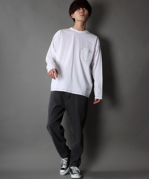 SITRY(シトリー)の「wide silhouette color stitch Heavy weight T-shirt/ワイドシルエット カラーステッチ ヘビーウェイト ロングスリーブTシャツ(Tシャツ/カットソー・メンズ・グリーン/ベージュ/ブラック/ホワイト・M/LL/L)」の19枚目の写真