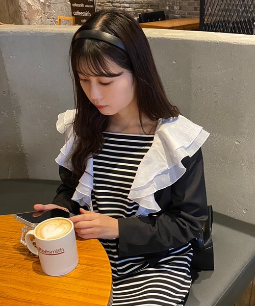 one after another NICE CLAUP（ワンアフターアナザーナイスクラップ）の「【襟取り外し可能】フリルショートマリンジャケット　2023SS（ノーカラージャケット・レディース・ブラック/アイボリー/ブラック系その他・FREE）」の8枚目の写真