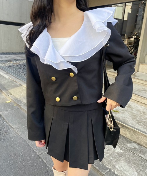 one after another NICE CLAUP（ワンアフターアナザーナイスクラップ）の「【襟取り外し可能】フリルショートマリンジャケット　2023SS（ノーカラージャケット・レディース・ブラック/アイボリー/ブラック系その他・FREE）」の5枚目の写真