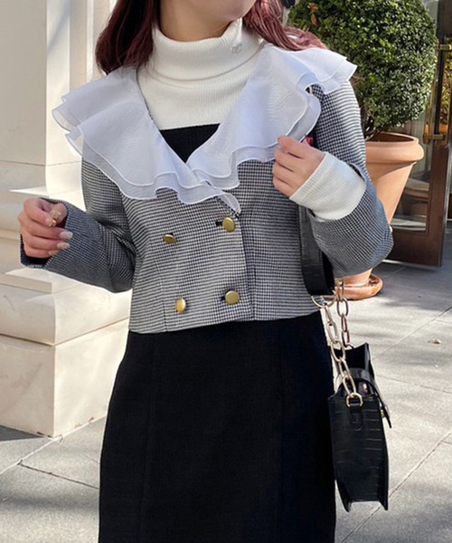 one after another NICE CLAUP（ワンアフターアナザーナイスクラップ）の「【襟取り外し可能】フリルショートマリンジャケット　2023SS（ノーカラージャケット・レディース・ブラック/アイボリー/ブラック系その他・FREE）」の16枚目の写真