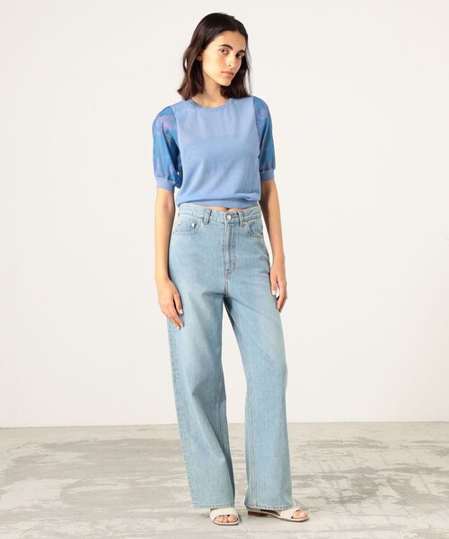 SOULEIADO（ソレイアード）の「ポリエステルプリント パフスリーブコンビニット（ニット/セーター・レディース・ピンク系その他/ブルー系その他・S）」の3枚目の写真