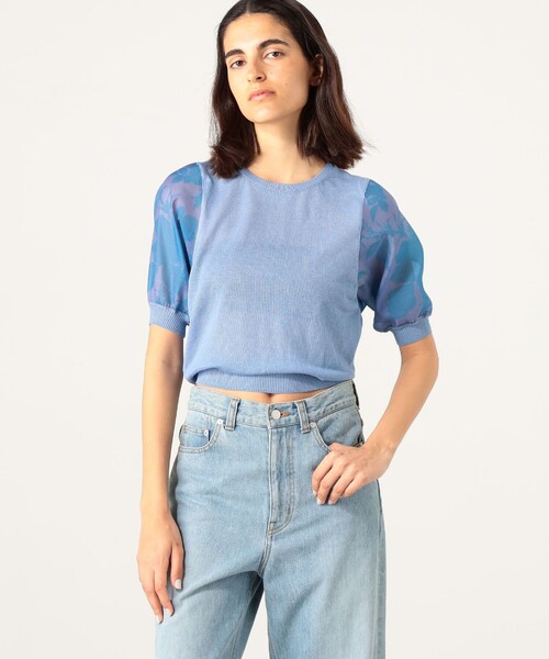 SOULEIADO（ソレイアード）の「ポリエステルプリント パフスリーブコンビニット（ニット/セーター・レディース・ピンク系その他/ブルー系その他・S）」の4枚目の写真