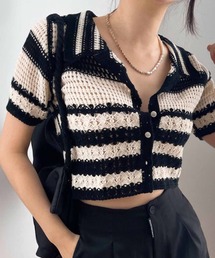 クロップド丈クロシェ編みカーディガン