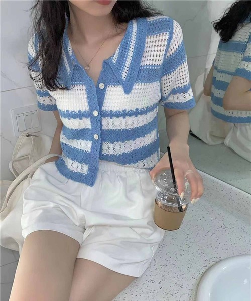 NANEA（ナネア）の「クロップド丈クロシェ編みカーディガン（カーディガン/ボレロ・レディース・ホワイト×ブラック/サックスブルー・ONE SIZE）」の2枚目の写真