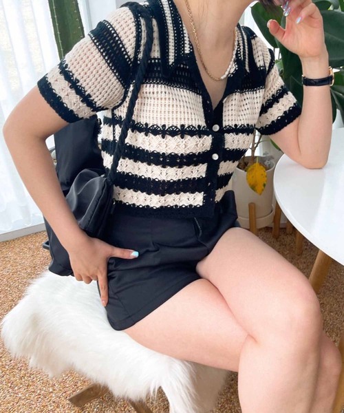 NANEA（ナネア）の「クロップド丈クロシェ編みカーディガン（カーディガン/ボレロ・レディース・ホワイト×ブラック/サックスブルー・ONE SIZE）」の13枚目の写真