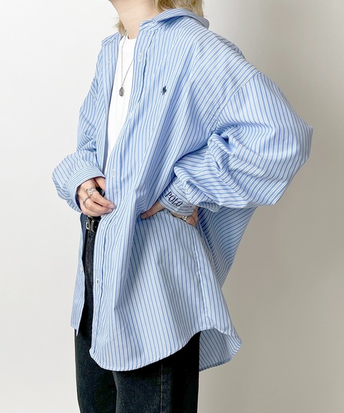 POLO BCS(ポロ ビーシーエス)の「【POLO BCS】別注 ワンポイント刺繍 オーバーサイズレギュラーカラー ブロード / ストライプ / デニム ビッグシルエットシャツ(シャツ/ブラウス・メンズ・グリーン/サックスブルー/ホワイト/サックスブルー系2/ブルー/パープル/ブラック/ブルー系その他/ブルー系その他2・M/L)」の8枚目の写真