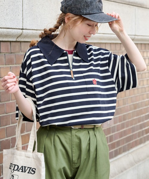 襟付きハーフジップワンポイントフラワー刺繍ポケットTシャツ（T