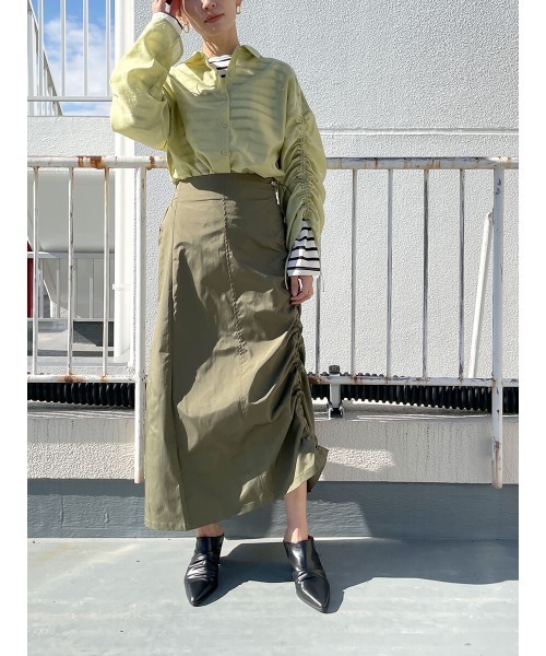 HEILIS(ヘイリス)の「シャーリングストレートスカート / ミリタリー ミリタリースカート ドロスト ロングスカート(スカート・レディース・ブラック/カーキ・FREE)」の2枚目の写真