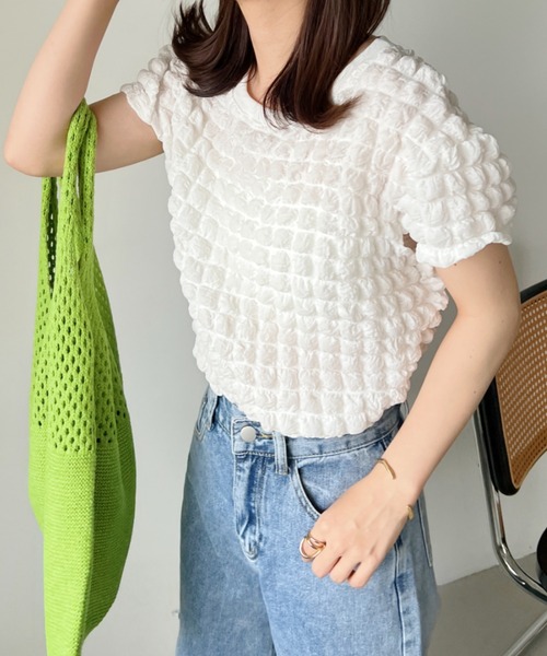 CLEA(クレア)の「ふくれポップコーンコンパクト半袖トップス(Tシャツ/カットソー・レディース・イエロー/ホワイト/ブラック・FREE)」の1枚目の写真