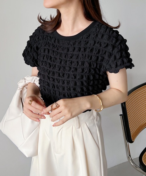 CLEA(クレア)の「ふくれポップコーンコンパクト半袖トップス(Tシャツ/カットソー・レディース・イエロー/ホワイト/ブラック・FREE)」の15枚目の写真