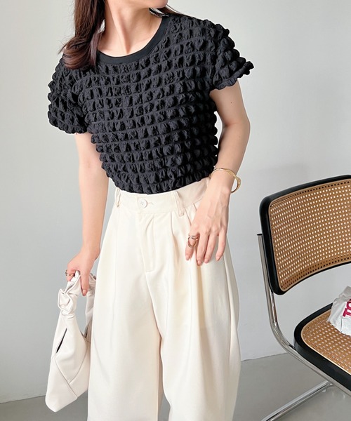 CLEA(クレア)の「ふくれポップコーンコンパクト半袖トップス(Tシャツ/カットソー・レディース・イエロー/ホワイト/ブラック・FREE)」の19枚目の写真