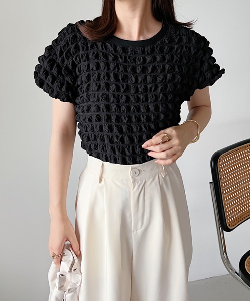 CLEA(クレア)の「ふくれポップコーンコンパクト半袖トップス(Tシャツ/カットソー・レディース・イエロー/ホワイト/ブラック・FREE)」の17枚目の写真