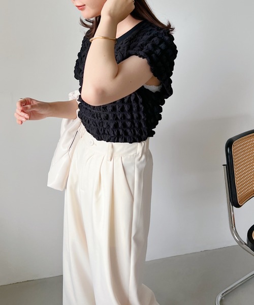 CLEA(クレア)の「ふくれポップコーンコンパクト半袖トップス(Tシャツ/カットソー・レディース・イエロー/ホワイト/ブラック・FREE)」の20枚目の写真