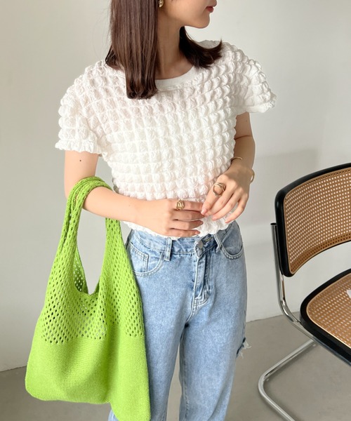 CLEA(クレア)の「ふくれポップコーンコンパクト半袖トップス(Tシャツ/カットソー・レディース・イエロー/ホワイト/ブラック・FREE)」の8枚目の写真