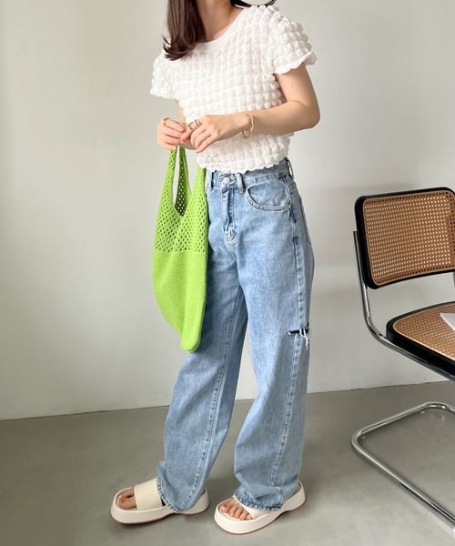 CLEA(クレア)の「ふくれポップコーンコンパクト半袖トップス(Tシャツ/カットソー・レディース・イエロー/ホワイト/ブラック・FREE)」の10枚目の写真