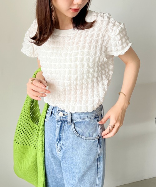 CLEA(クレア)の「ふくれポップコーンコンパクト半袖トップス(Tシャツ/カットソー・レディース・イエロー/ホワイト/ブラック・FREE)」の6枚目の写真