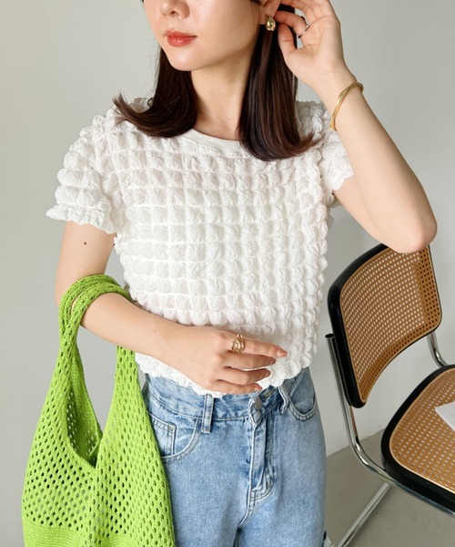 CLEA(クレア)の「ふくれポップコーンコンパクト半袖トップス(Tシャツ/カットソー・レディース・イエロー/ホワイト/ブラック・FREE)」の7枚目の写真