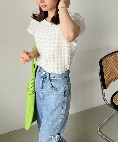 CLEA(クレア)の「ふくれポップコーンコンパクト半袖トップス(Tシャツ/カットソー・レディース・イエロー/ホワイト/ブラック・FREE)」の9枚目の写真