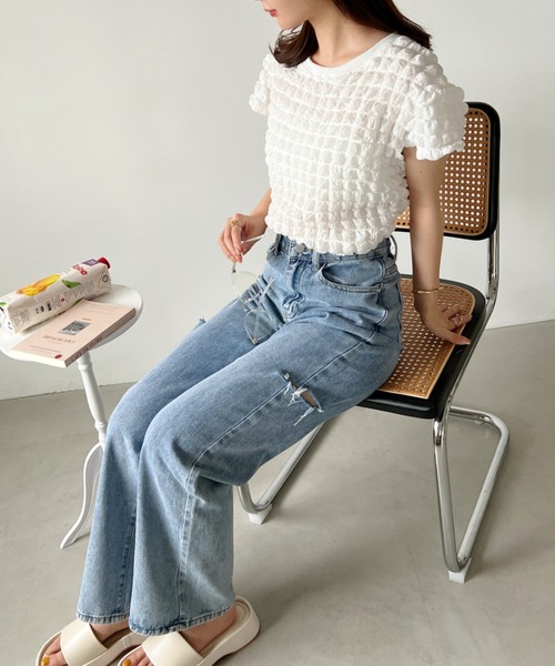CLEA(クレア)の「ふくれポップコーンコンパクト半袖トップス(Tシャツ/カットソー・レディース・イエロー/ホワイト/ブラック・FREE)」の14枚目の写真