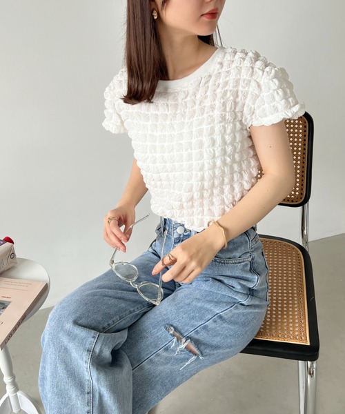 CLEA(クレア)の「ふくれポップコーンコンパクト半袖トップス(Tシャツ/カットソー・レディース・イエロー/ホワイト/ブラック・FREE)」の12枚目の写真