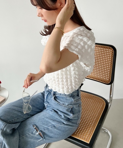 CLEA(クレア)の「ふくれポップコーンコンパクト半袖トップス(Tシャツ/カットソー・レディース・イエロー/ホワイト/ブラック・FREE)」の13枚目の写真