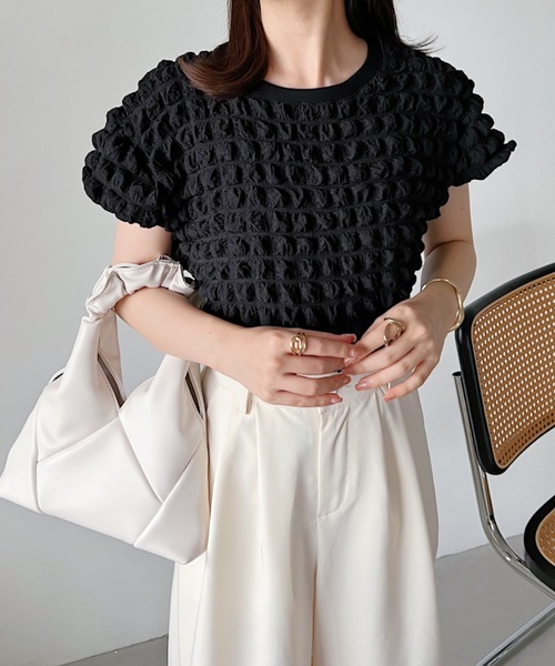 CLEA(クレア)の「ふくれポップコーンコンパクト半袖トップス(Tシャツ/カットソー・レディース・イエロー/ホワイト/ブラック・FREE)」の16枚目の写真