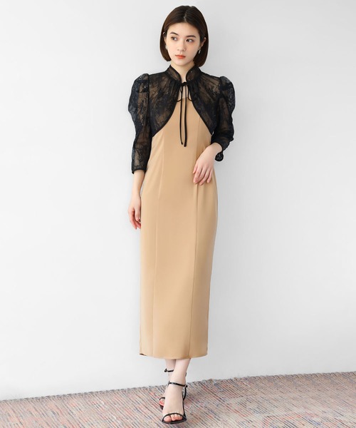 girl(ガール)の「ハイネックレースブラウス付きキャミワンピース Iライン ロング 結婚式 ワンピース パーティードレス オケージョンドレス お呼ばれ 二次会 成人式 同窓会 謝恩会(ドレス・レディース・ピンクベージュ/ブラック×ベージュ/ネイビー・M)」の1枚目の写真