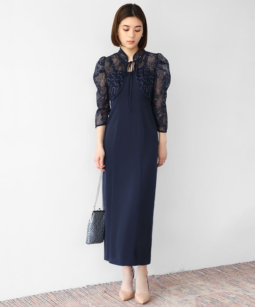 girl(ガール)の「ハイネックレースブラウス付きキャミワンピース Iライン ロング 結婚式 ワンピース パーティードレス オケージョンドレス お呼ばれ 二次会 成人式 同窓会 謝恩会(ドレス・レディース・ピンクベージュ/ブラック×ベージュ/ネイビー・M)」の2枚目の写真