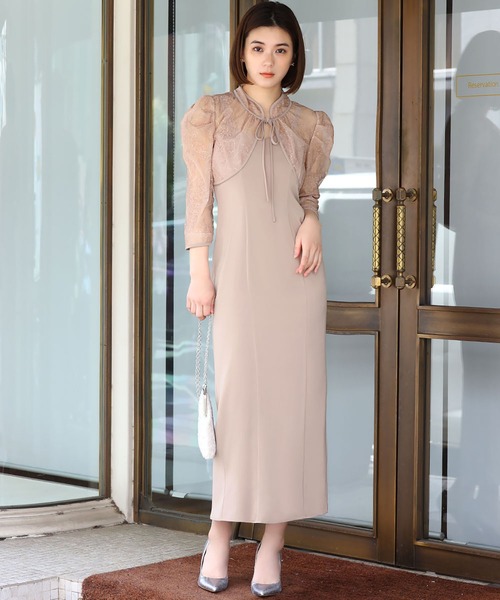 girl(ガール)の「ハイネックレースブラウス付きキャミワンピース Iライン ロング 結婚式 ワンピース パーティードレス オケージョンドレス お呼ばれ 二次会 成人式 同窓会 謝恩会(ドレス・レディース・ピンクベージュ/ブラック×ベージュ/ネイビー・M)」の3枚目の写真