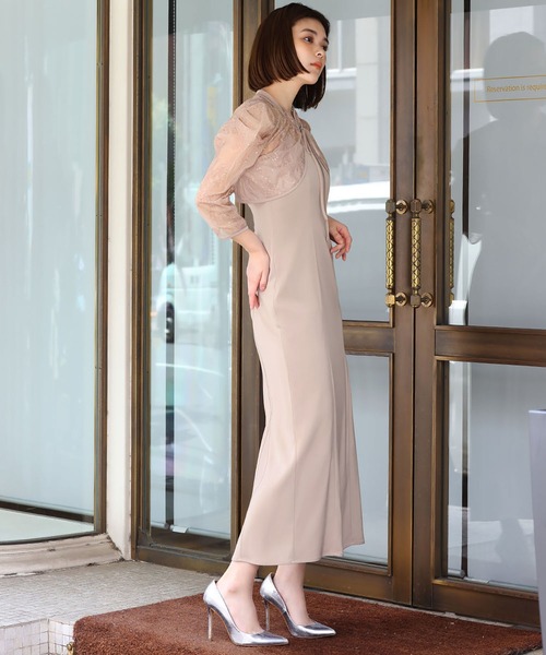 girl(ガール)の「ハイネックレースブラウス付きキャミワンピース Iライン ロング 結婚式 ワンピース パーティードレス オケージョンドレス お呼ばれ 二次会 成人式 同窓会 謝恩会(ドレス・レディース・ピンクベージュ/ブラック×ベージュ/ネイビー・M)」の5枚目の写真