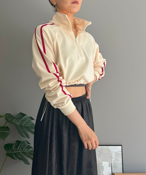 Jewelobe（ジュエローブ）の「ハーフジップラインスリーブクロップドスウェット（Tシャツ/カットソー・レディース・杢グレー/アイボリー/ブラック・FREE）」の7枚目の写真