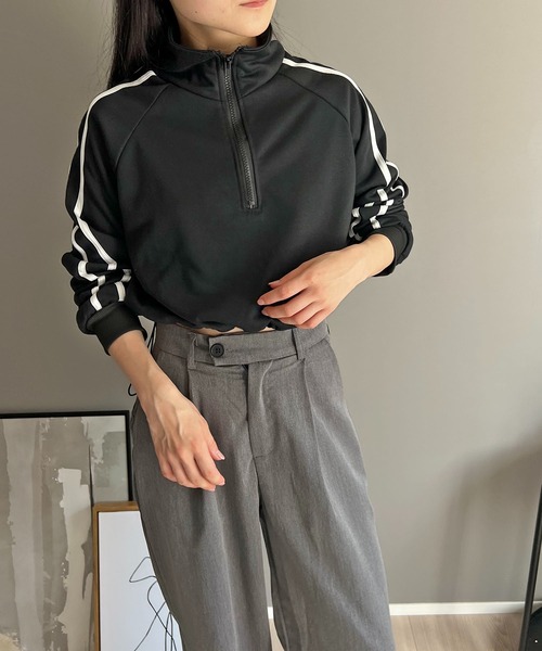 Jewelobe（ジュエローブ）の「ハーフジップラインスリーブクロップドスウェット（Tシャツ/カットソー・レディース・杢グレー/アイボリー/ブラック・FREE）」の19枚目の写真